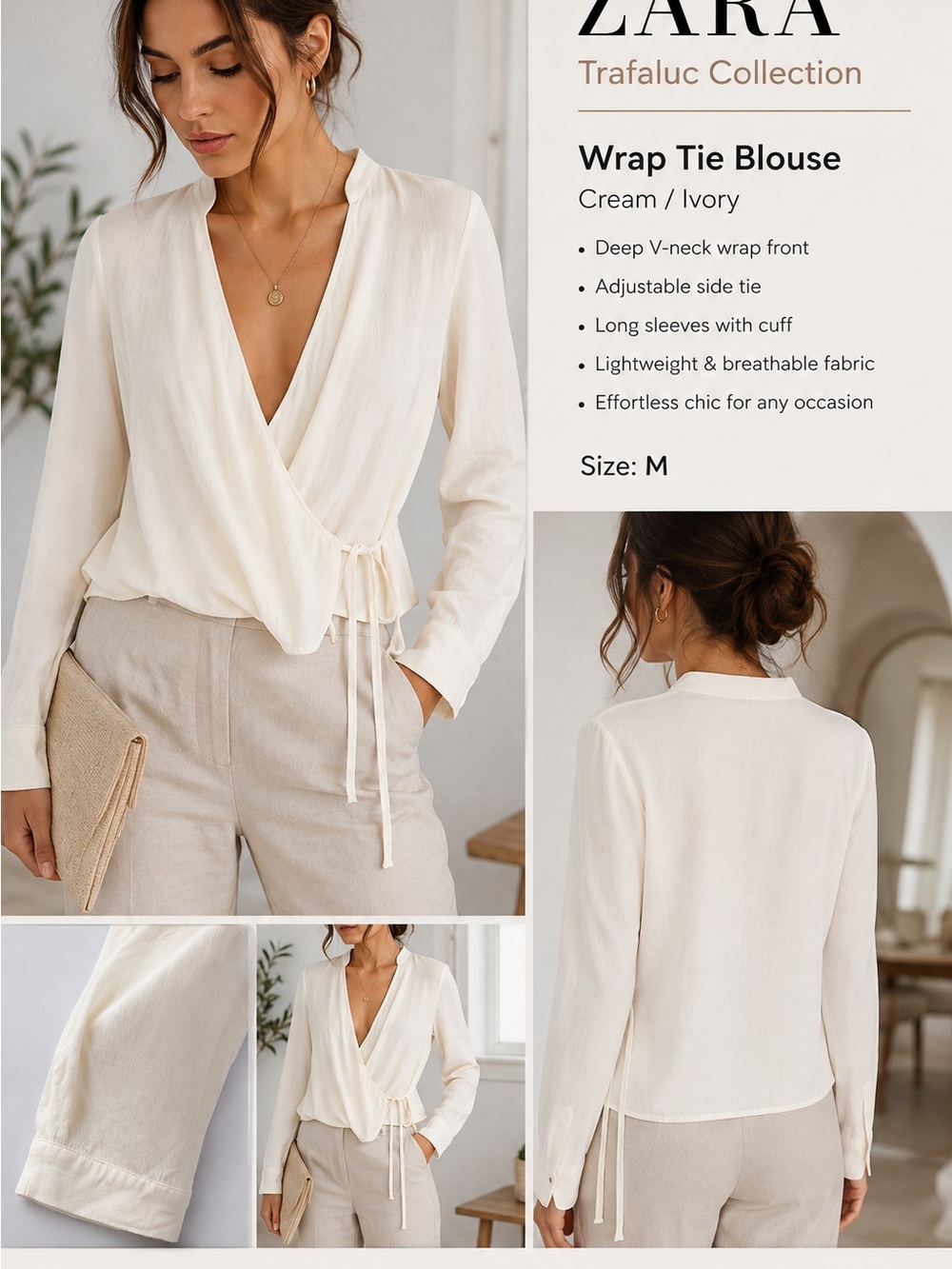 Zara Cream Wrap Tie Blouse